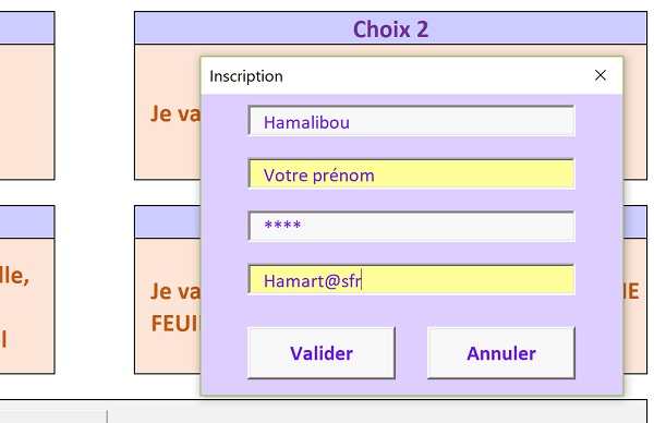 Alertes saisies VBA Excel au fur et à mesure du remplissage du formulaire inscription