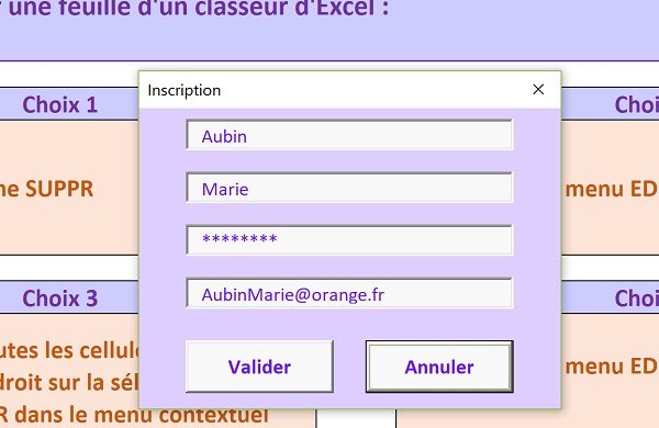 Formulaire inscription VBA Excel des informations utilisateur en base de données Access