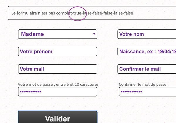 Contrôle des valeurs booléennes attestant de la validité des saisies internaute dans formulaire Javascript