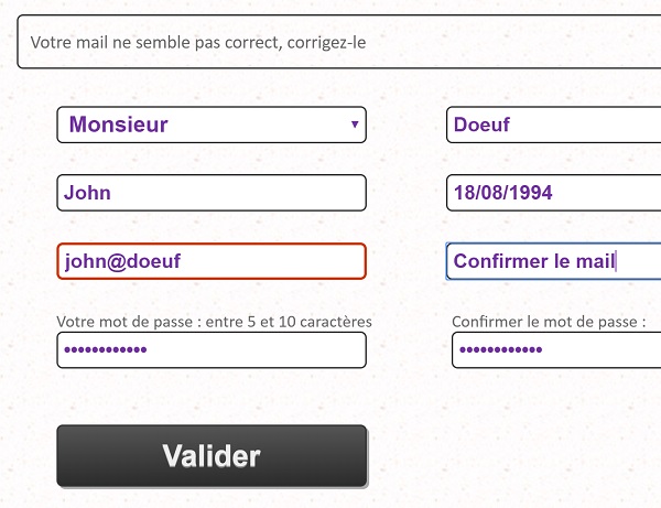 Contrôle Javascript sur validité adresse email dans formulaire inscription Web