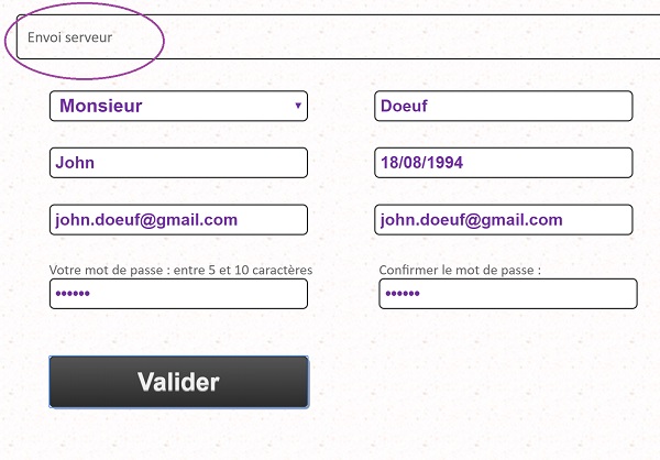 Envoi des informations formulaire inscription au serveur, validées par code Javascript