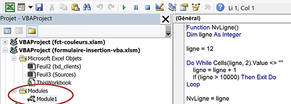 Fonction VBA Excel pour calculer la position de la ligne pour nouvelle inscription à partir du formulaire