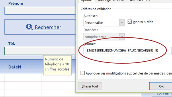 Règle validité Excel pour contrôler saisie du numéro de téléphone dans formulaire inscription