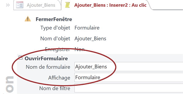 Action de macro Access pour rouvrir formulaire réinitialisé après avoir ajouté enregistrement dans table