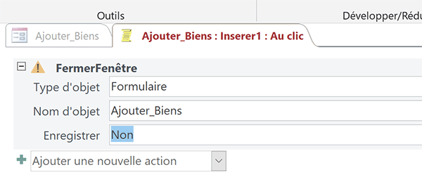 Action de macro Access pour fermer formulaire et ajouter nouvel enregistrement dans table
