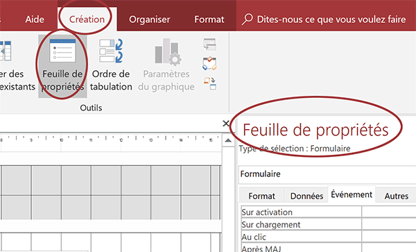Feuille de propriétés pour paramétrer le formulaire Access