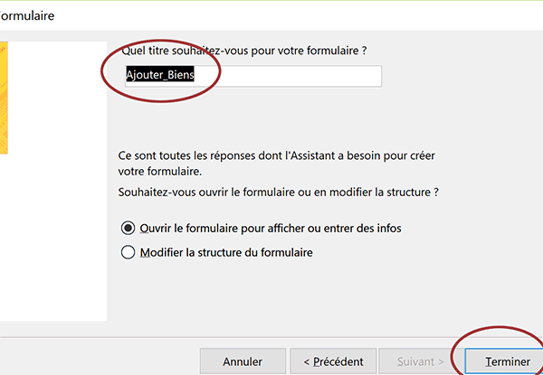 Nommer le formulaire créé avec assistant Access