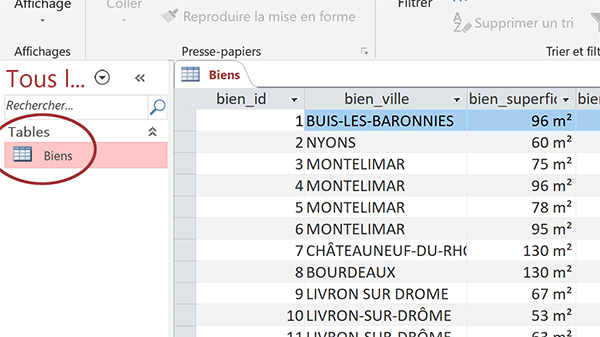 Table de base de données Access archivant les biens immobiliers en vente