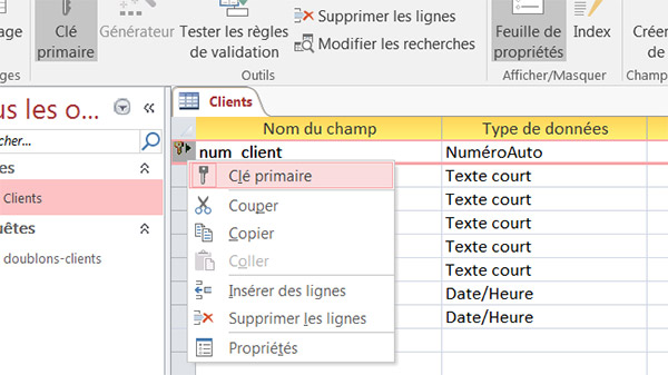 Création champ clé primaire table Access