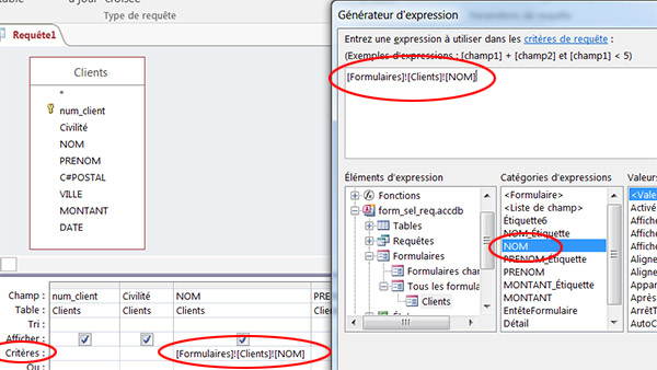 Liaison requête et formulaire par générateur expression