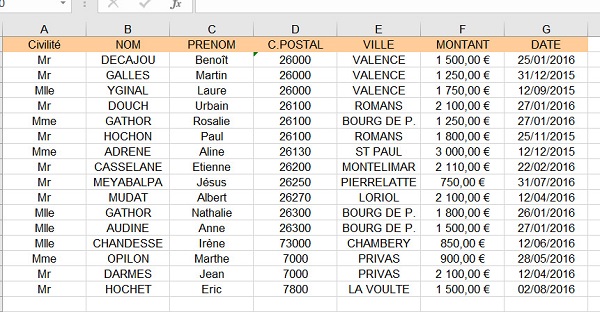 Données Excel à importer dans Access