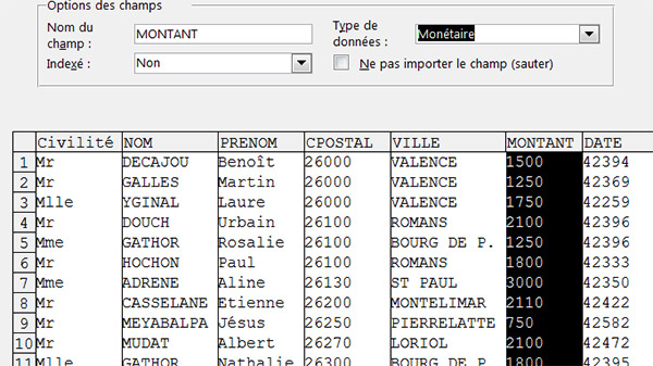 Type de données des champs en importation de données