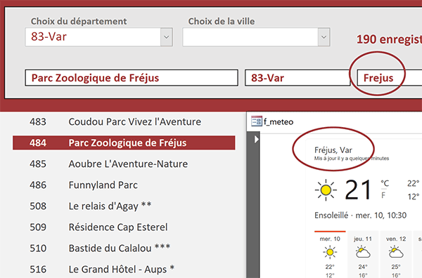 Formulaire Web météo de la ville cliquée avec Access