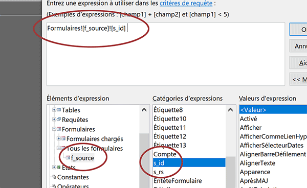 Requête de correspondance pour récupérer identifiant de l-enregistrement cliqué sur le formulaire Access