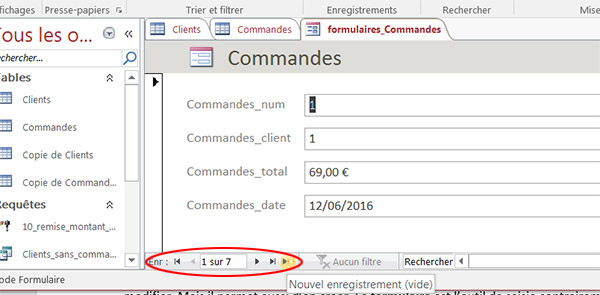 Mode formulaire, saisie des enregistrements