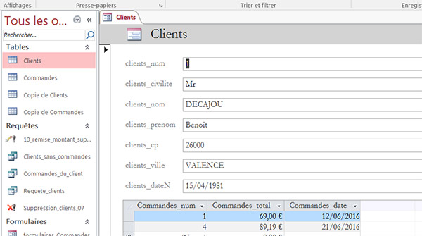 Formulaire clients et sous-formulaire commandes dans Access