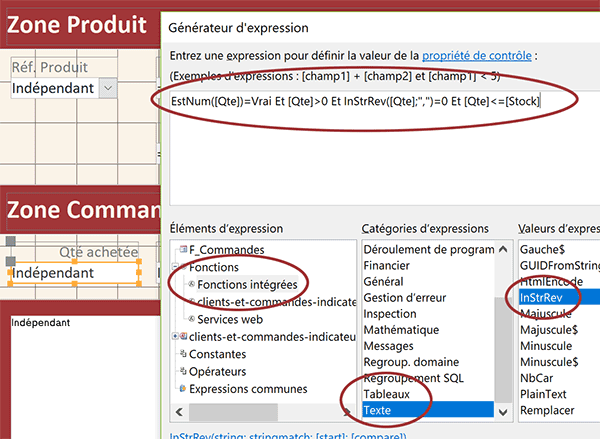 Expression multicritère Access pour vérifier la conformité de la saisie du stock sur le formulaire