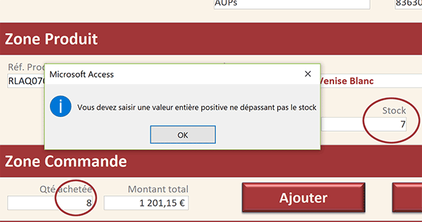 Saisie de la quantité en stock refusée par les règles de sécurité sur le formulaire Access