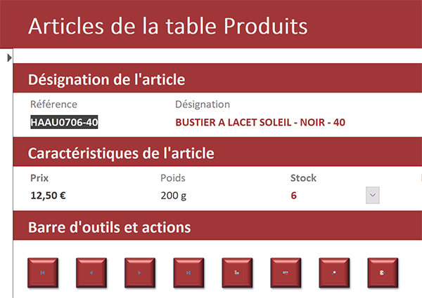 Formulaire Access pour gérer les produits à vendre