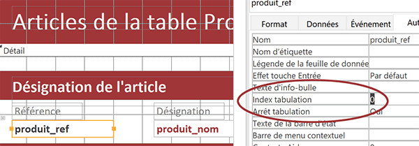 Propriété Index Tabulation du contrôle zone de texte sur le formulaire Access