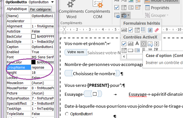 Cases options formulaire Word VBA pour choix unique à cocher