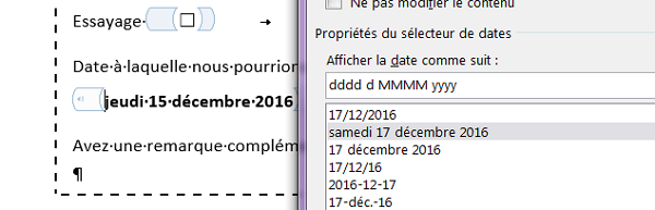 Choisir une date dans un contrôle calendrier de formulaire Word