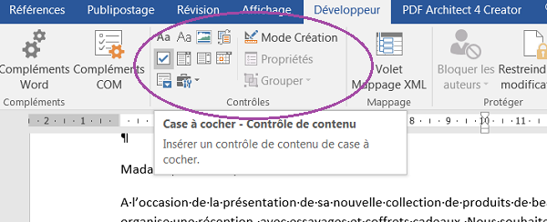 Contrôles graphique du ruban Développeur pour formulaires Word