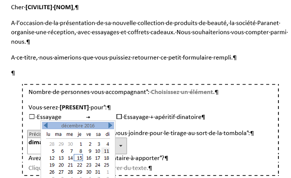 Questionnaire coupon réponse avec Formulaires Word