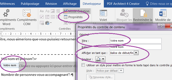 Réglages et propriétés des contrôles de formulaire Word