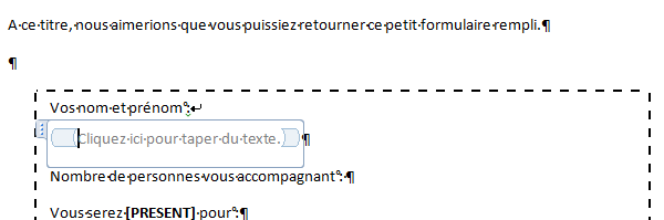 Zone de texte pour saisie dans formulaire Word