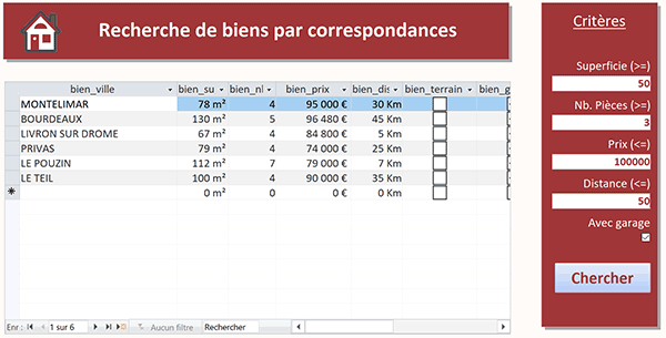 Extraction dynamique des annonces immobilières selon des critères recoupés sur formulaire Access