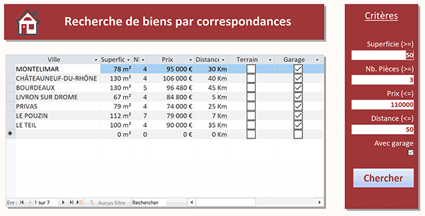 Formulaire Access pour sélectionner les offres immobilières selon des critères recoupés