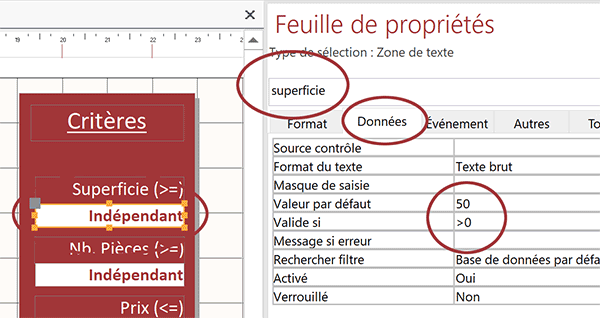 Propriétés des contrôles de formulaire Access avec règles de validité pour la sécurité