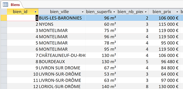 Table Access des annonces immobilières pour liaison avec Excel