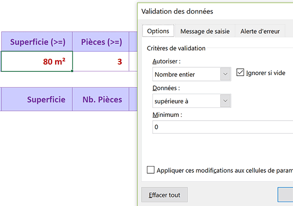 Règles de validité dans cellules Excel pour contrôler la saisie des critères