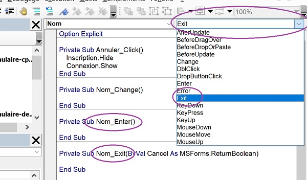 Evènements attachés aux contrôles de formulaire Excel pour gérer la saisie par la code VBA