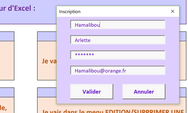 Formulaire inscription en Visual Basic Excel