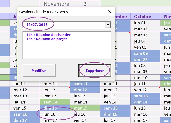 Supprimer un rendez-vous du calendrier Excel grâce à un formulaire VBA