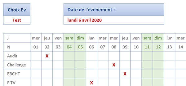 Trouver les dates des événements dans le calendrier Excel au choix dans une liste déroulante grâce aux fonctions Index, Equiv et Decaler