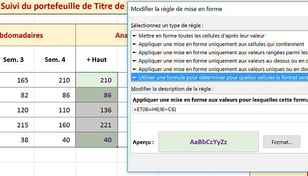 Mise en forme conditionnelle dynamique cours des actions en bourse Excel