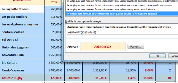 Format dynamique ligne complète selon valeur plus grande ou plus petite