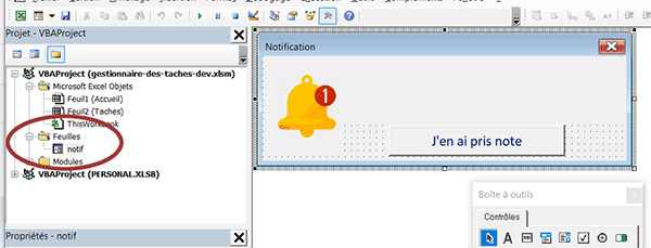 Formulaire VBA Excel de notification en mode conception