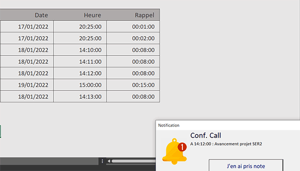 Alerte avec formulaire sur des tâches à exécuter à une heure précise en VBA Excel