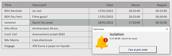 Déclencher un rappel sur une tâche ou un rendez-vous à venir en VBA Excel
