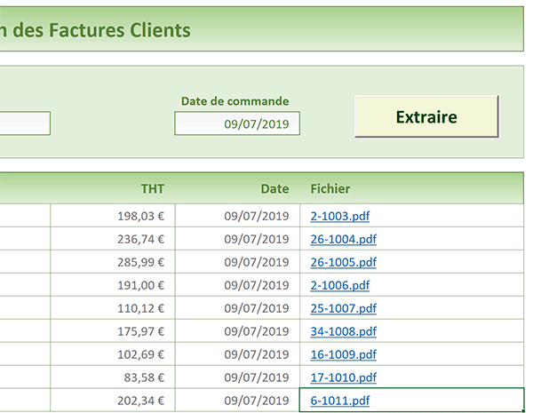 Extraction des factures clients dans tableau Excel avec lien vers édition PDF par le code VBA