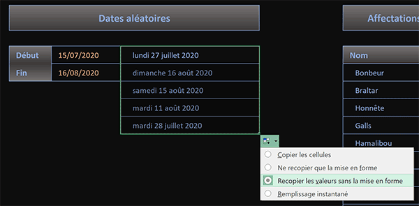 Créer des dates aléatoires bornées par calcul Excel