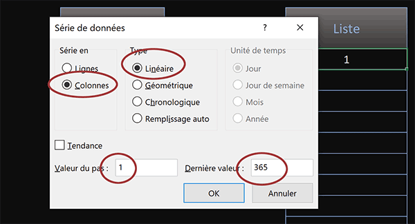 Création des bornes de la grande série numérique à incrémenter avec Excel