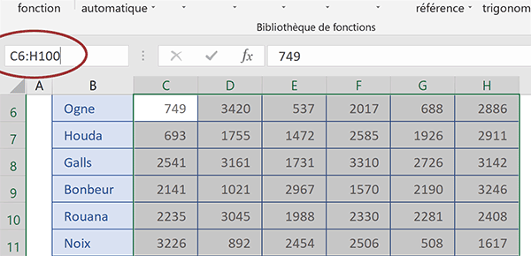 Sélectionner une grande plage de cellules Excel en tapant les coordonnées dans la zone Nom