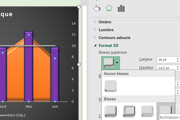 Effet biseautage 3D sur aire de graphique combiné Excel