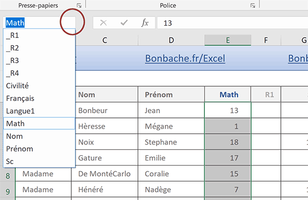Noms attribués aux colonnes du tableau Excel pour simplifier la construction des formules matricielles